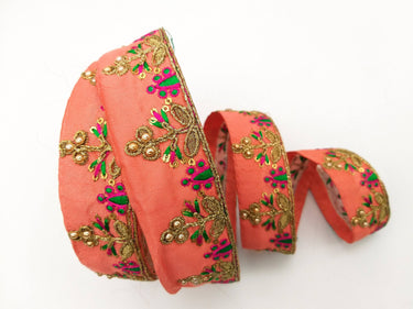 Orange Art Silk Trim In Green And Gold Embroidery, Approx. 32mm wide, Decorative Trim